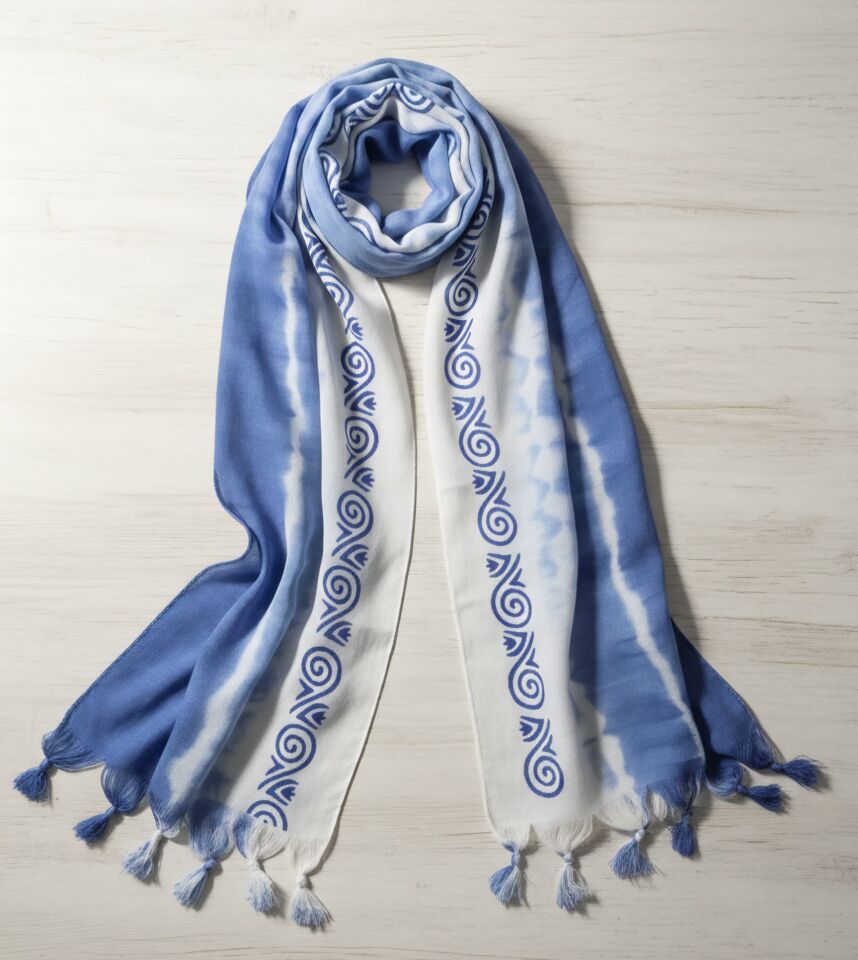 İndigo Shibori Geometrik Desenli Fular