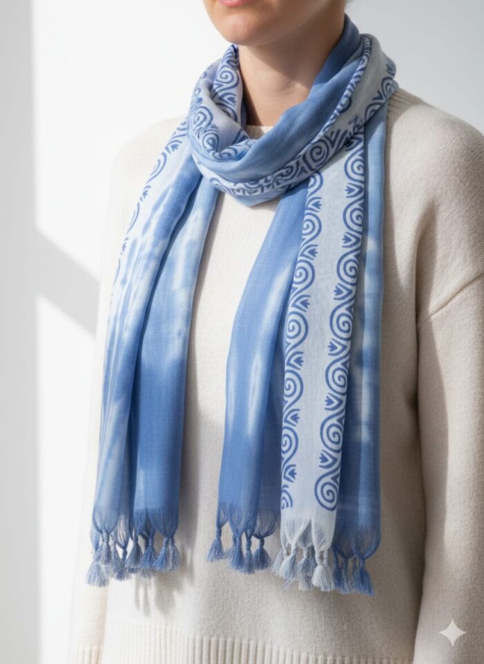 İndigo Shibori Geometrik Desenli Fular