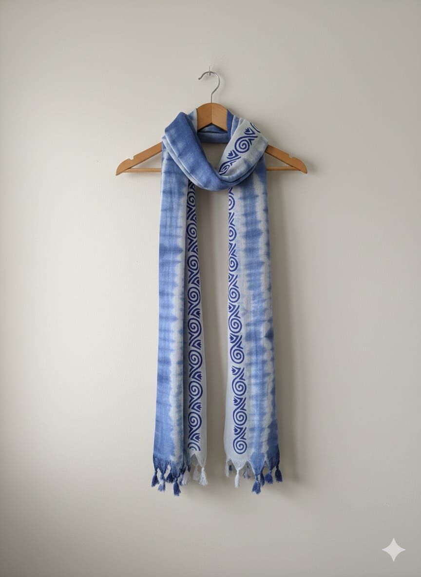 İndigo Shibori Geometrik Desenli Fular