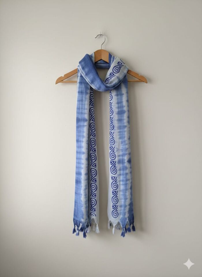 İndigo Shibori Geometrik Desenli Fular