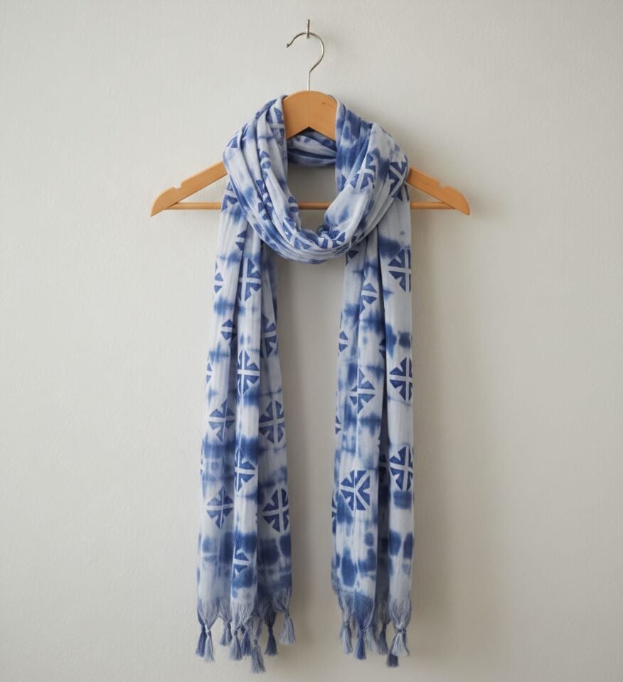 İndigo Shibori Geometrik Desenli Fular