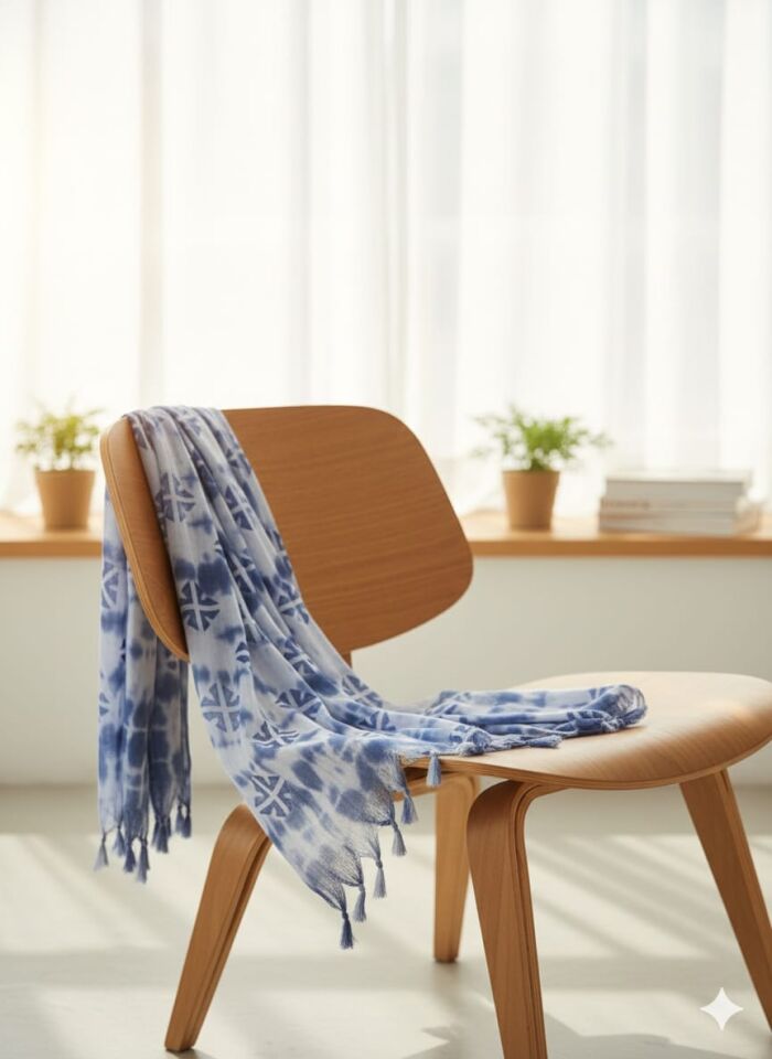 İndigo Shibori Geometrik Desenli Fular