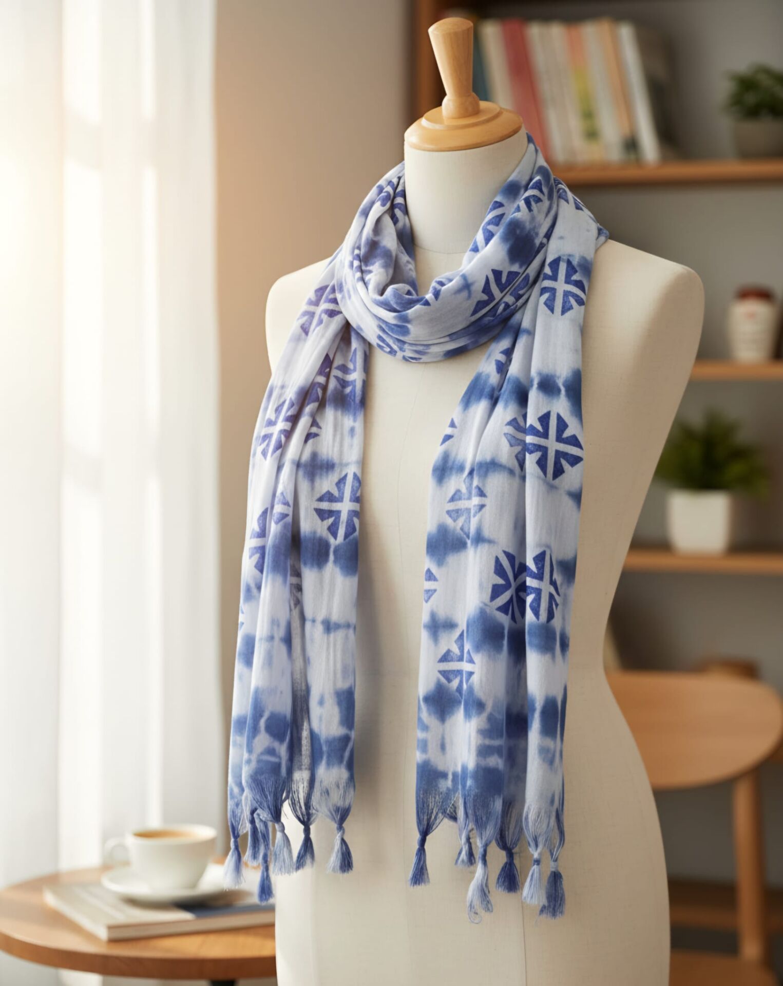 İndigo Shibori Geometrik Desenli Fular