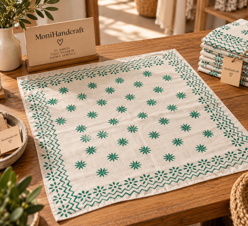 Tahta Baskı Desenli  Yeşil Bandana