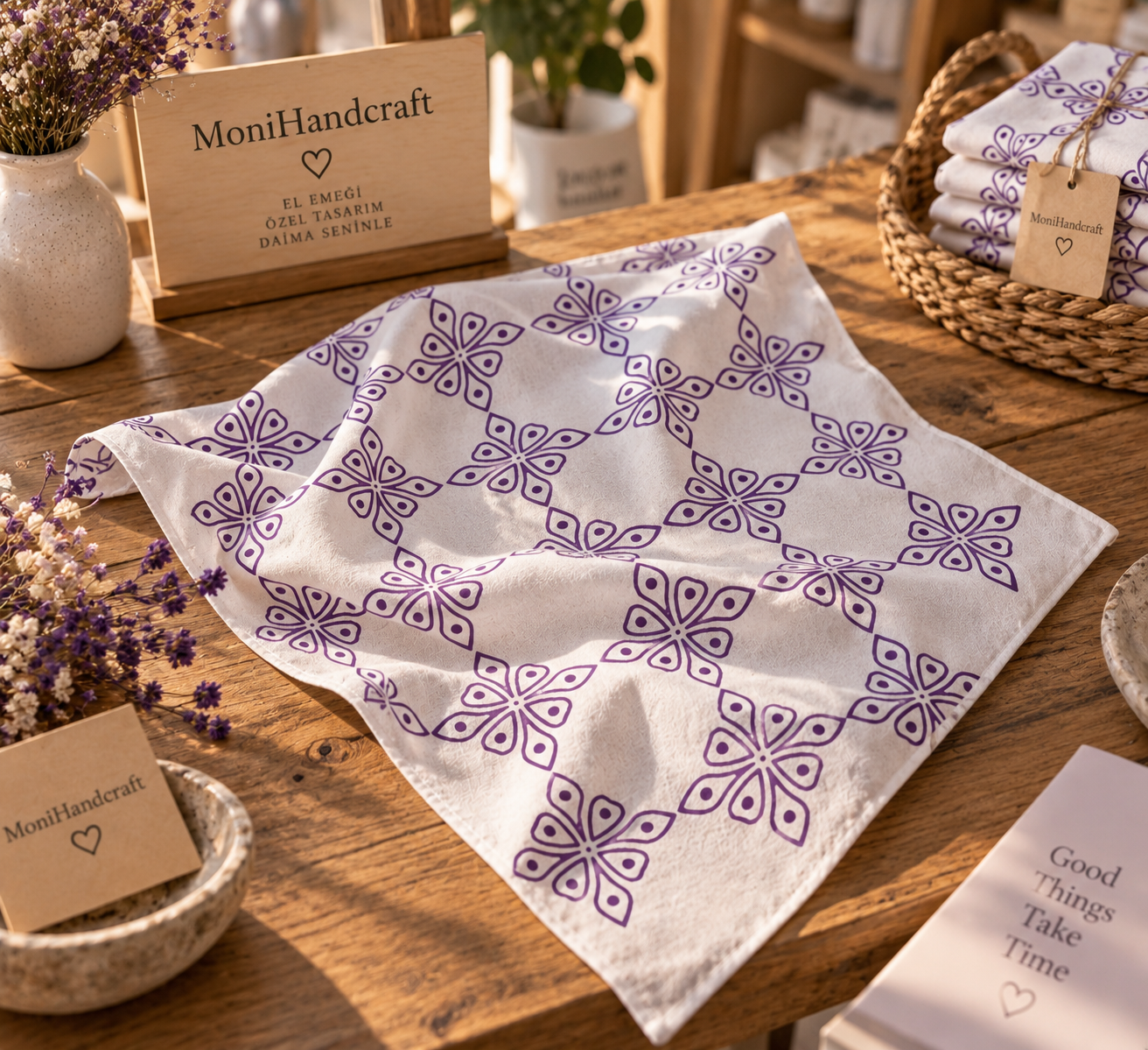 Tahta Baskı Mor Çiçek Desenli Bandana