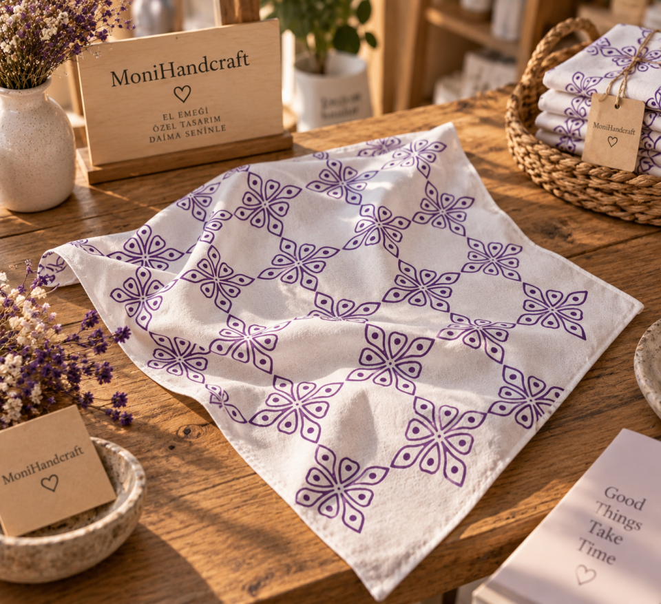 Tahta Baskı Mor Çiçek Desenli Bandana
