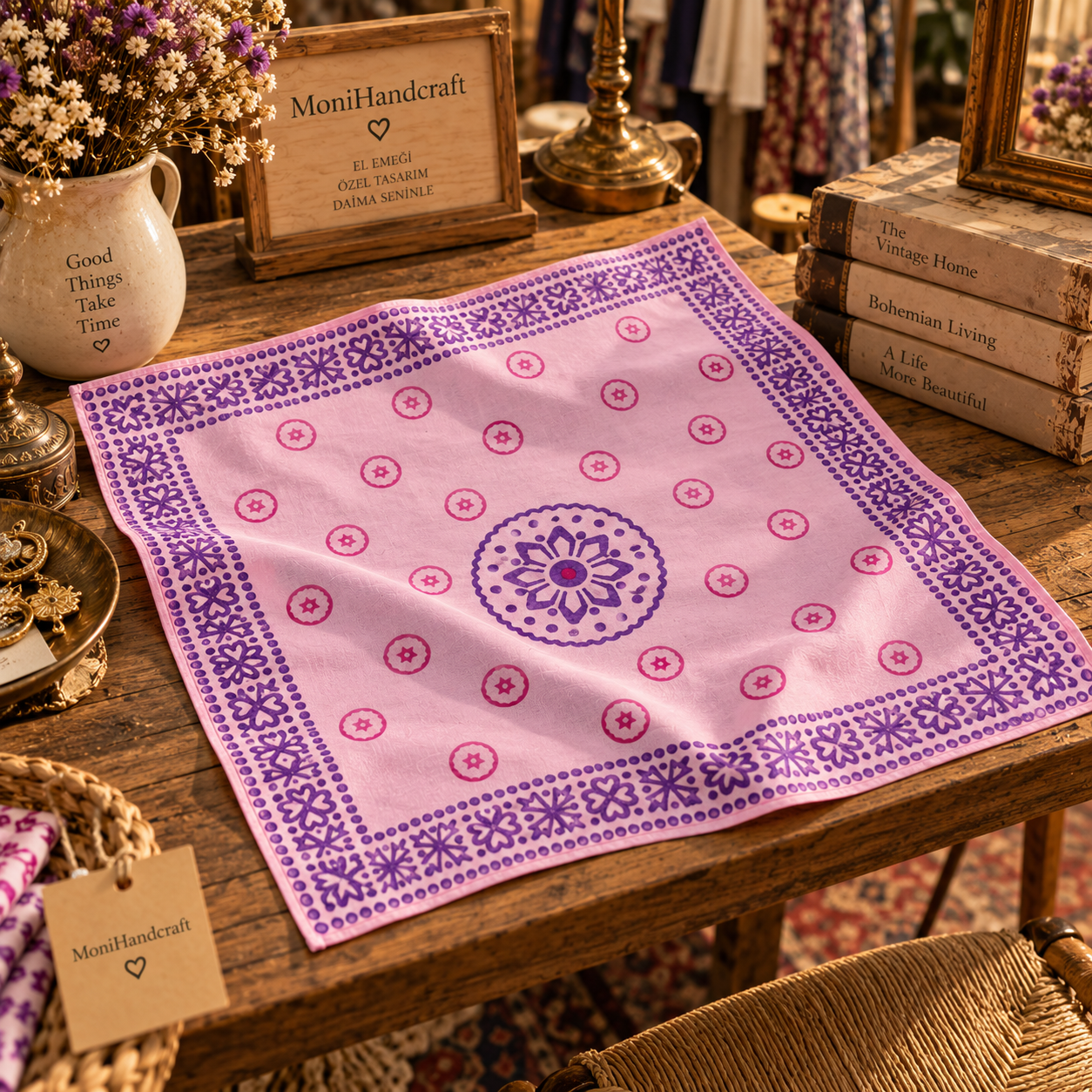 Tahta Baskı Desenli  Pembe Bandana