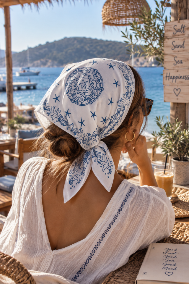 Tahta Baskı Deniz Temalı Mavi Bandana