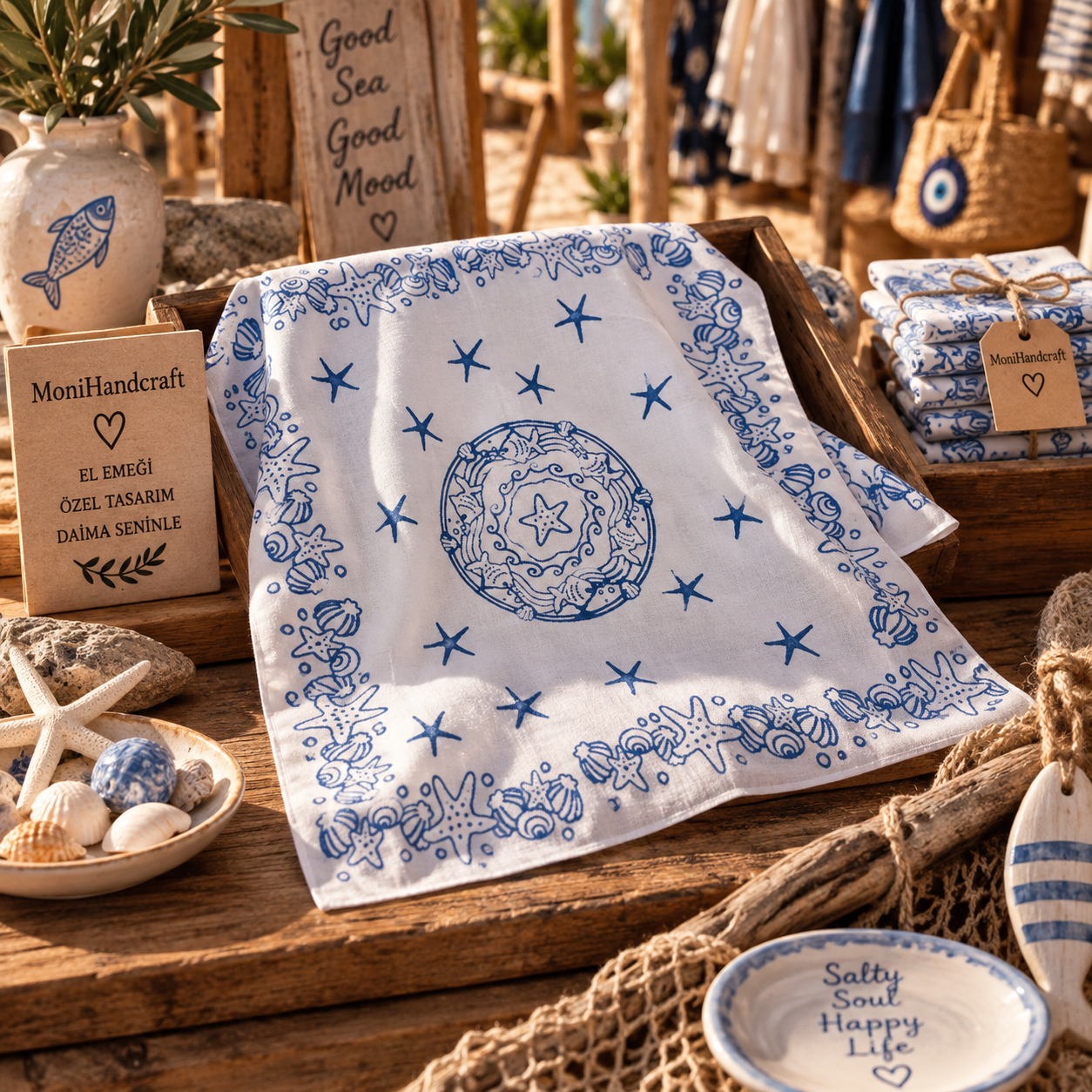 Tahta Baskı Deniz Temalı Mavi Bandana