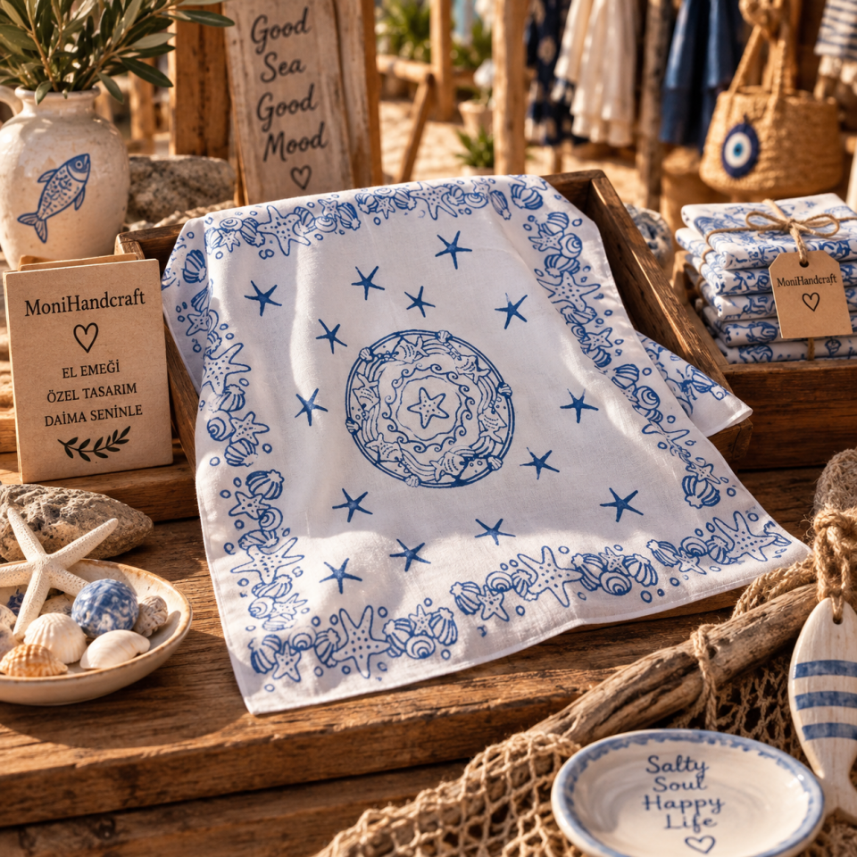 Tahta Baskı Deniz Temalı Mavi Bandana