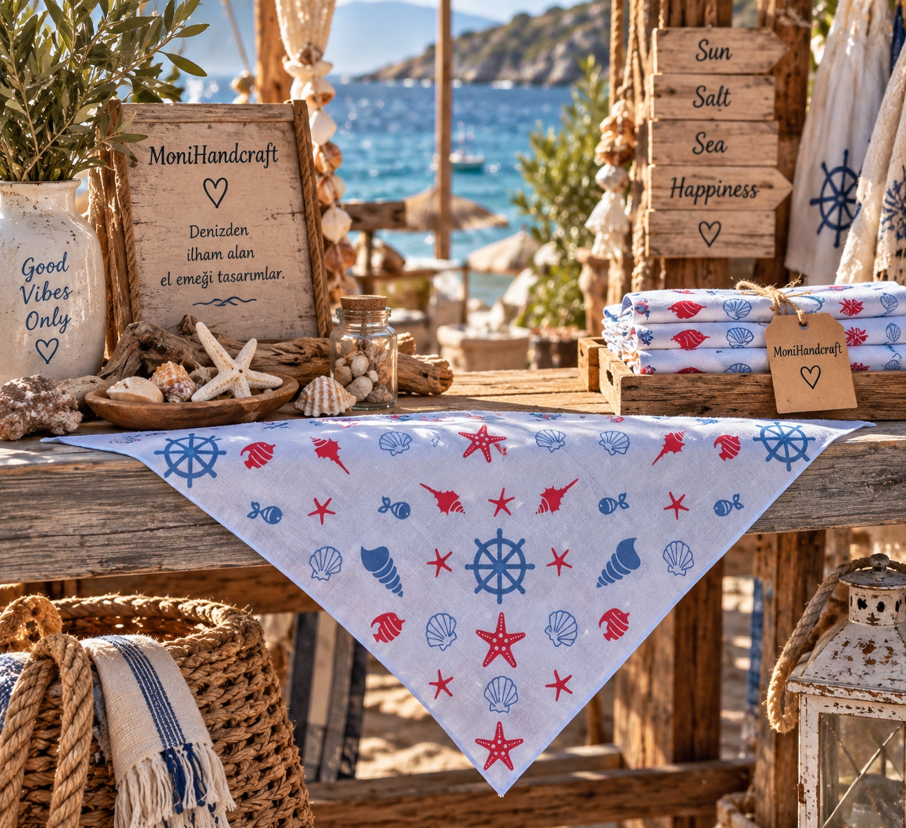Tahta Baskı Deniz Temalı Renkli Bandana