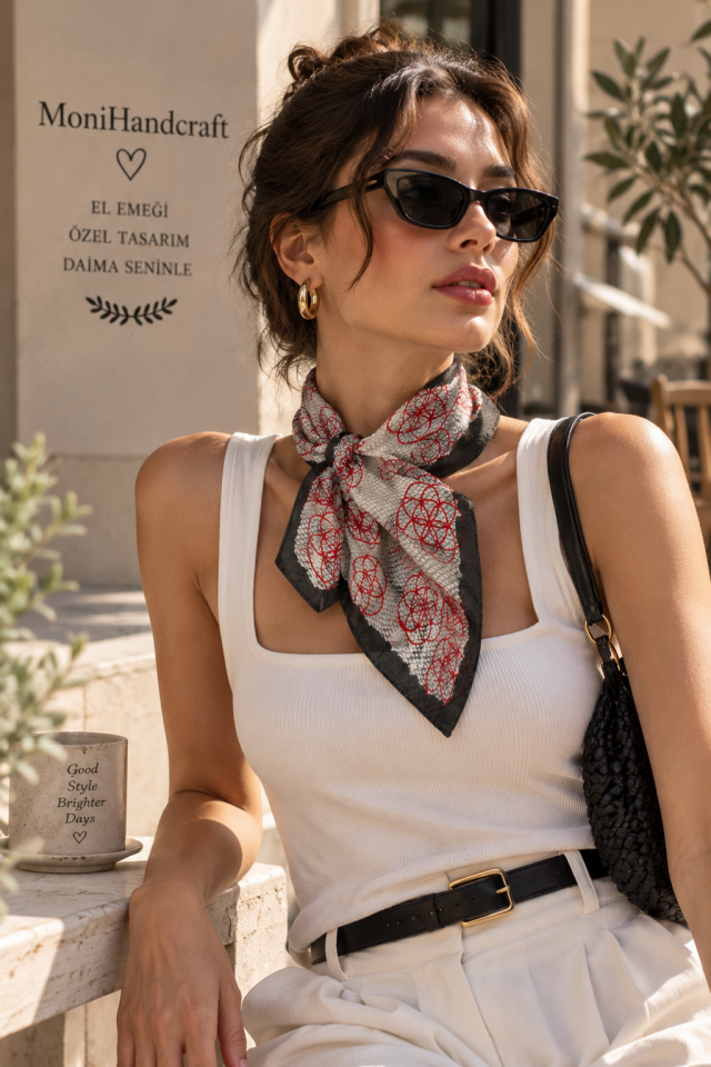 Tahta Baskı Geometrik Desenli Bandana