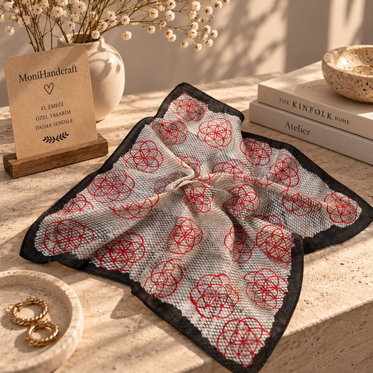 Tahta Baskı Geometrik Desenli Bandana