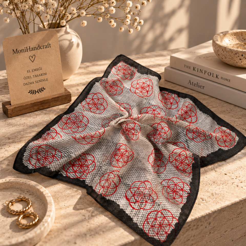 Tahta Baskı Geometrik Desenli Bandana