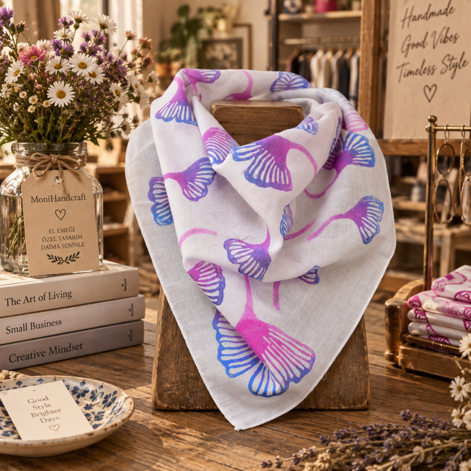 Geleneksel Tahta baskı Ginko Çiçek Desenli Bandana