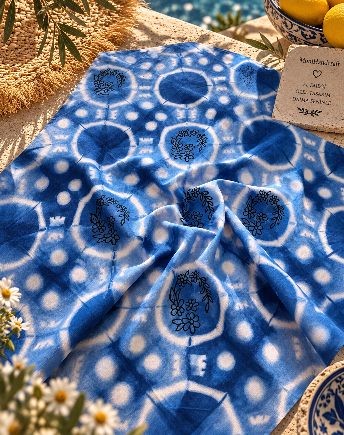 İndigo Shibori Tahta Baskı Desenli Bandana