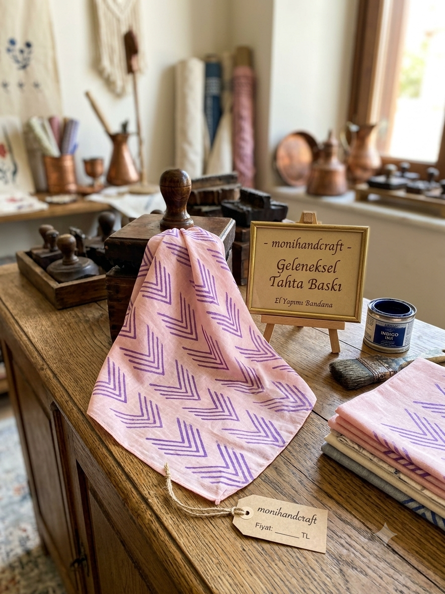 Mavi  baskılı  Geometrik desenli Pembe Bandana