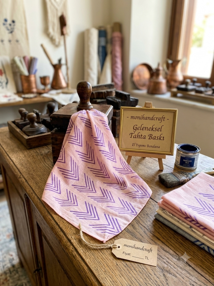 Mavi  baskılı  Geometrik desenli Pembe Bandana