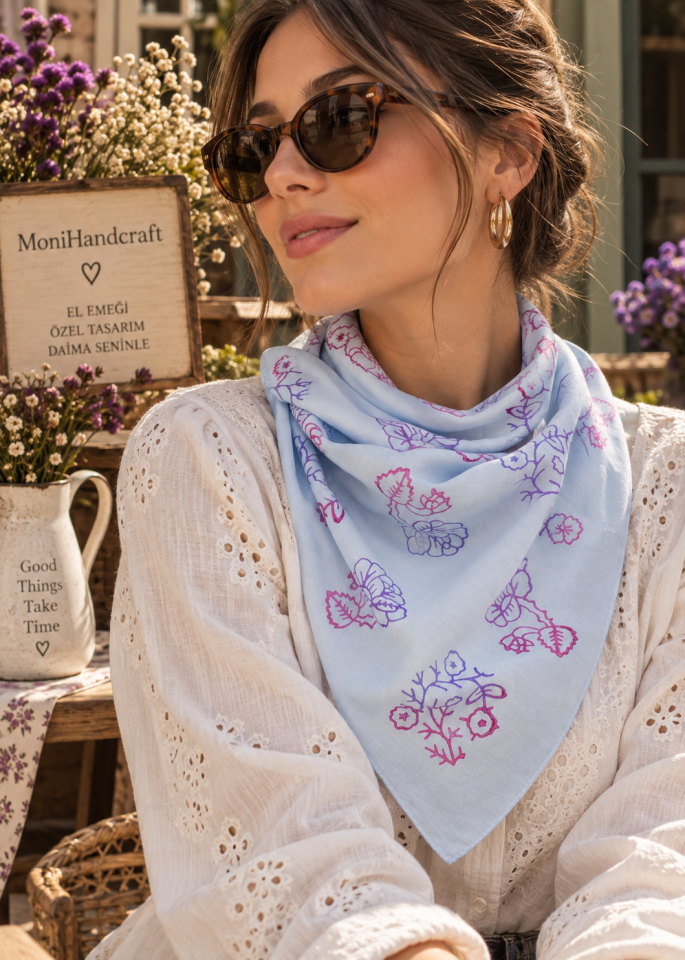 Tahta Baskı Hürriyet Desenli Renkli Bandana