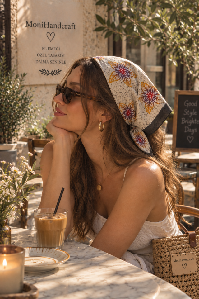 Tahta Baskı Çiçek Desenli Bandana
