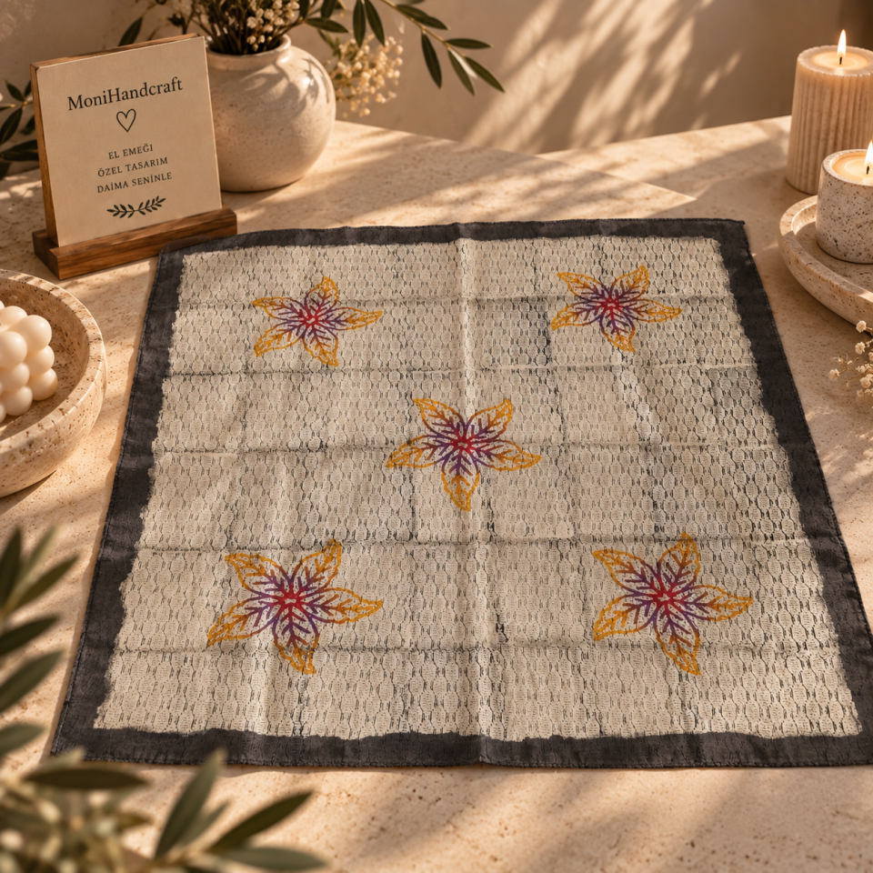 Tahta Baskı Çiçek Desenli Bandana