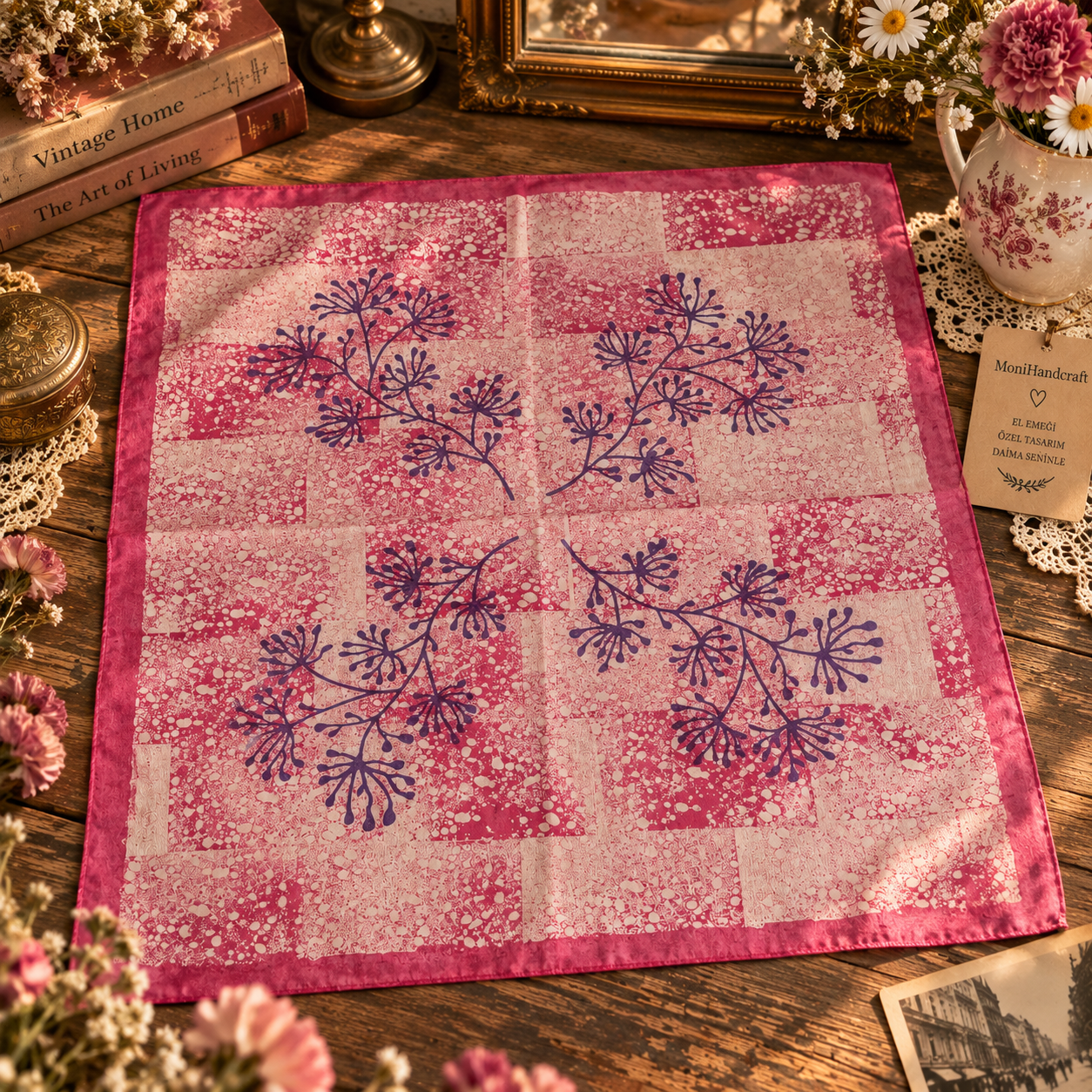 Tahta Baskı Çiçek ve Yaprak Dal Desenli Bandana