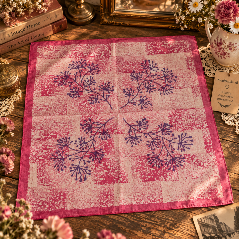 Tahta Baskı Çiçek ve Yaprak Dal Desenli Bandana